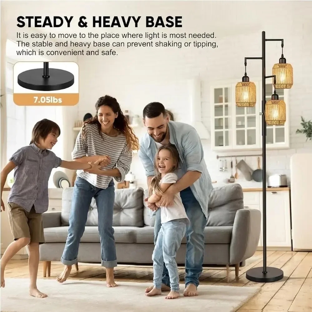 ROTTOGOON 68” Dimmable 3-Light Rattan Floor Lamp Boho Farmhouse Tree Lamp Black